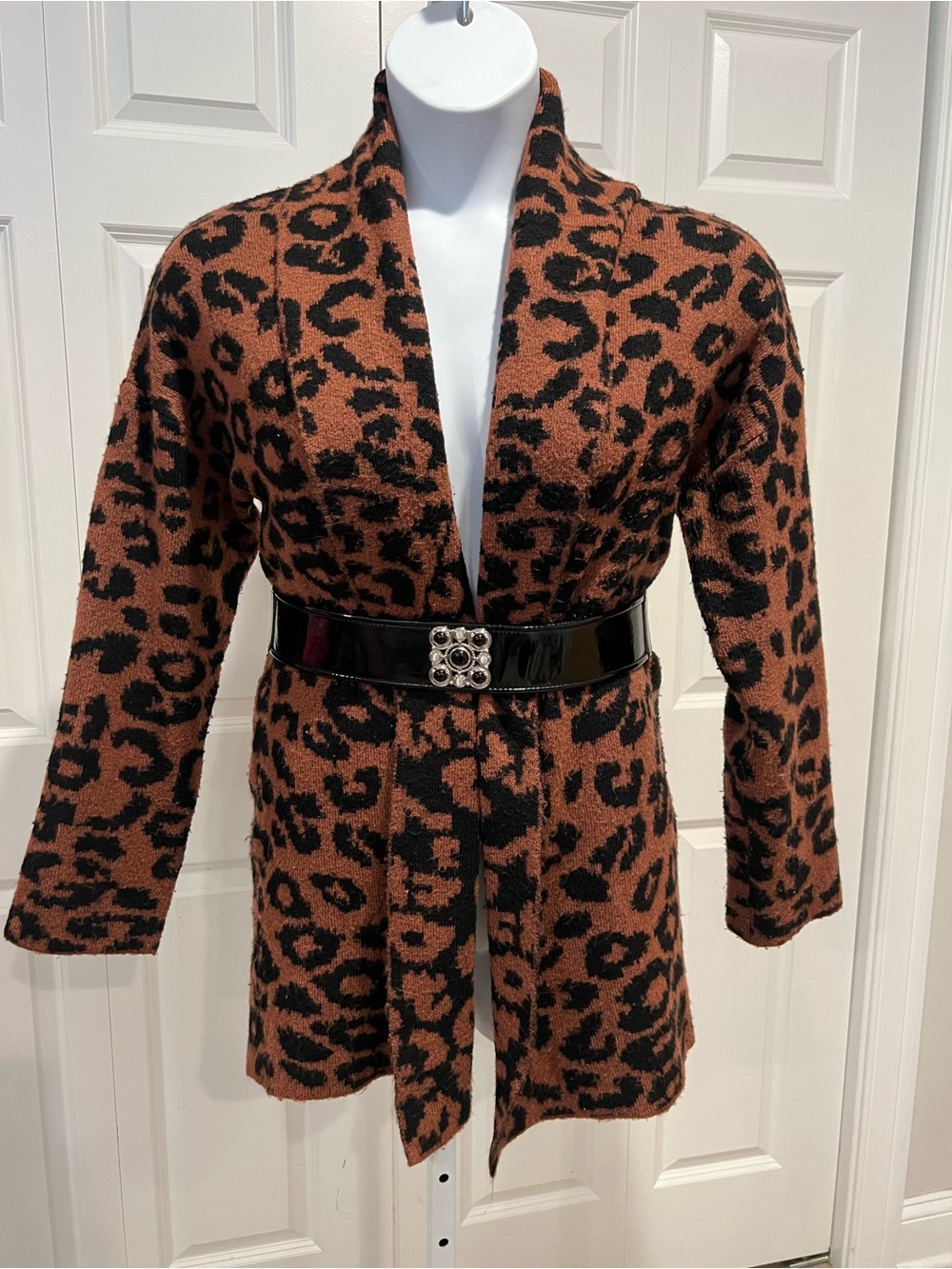 1 Time and Tru Rust and Black Leopard Knit Cardigan